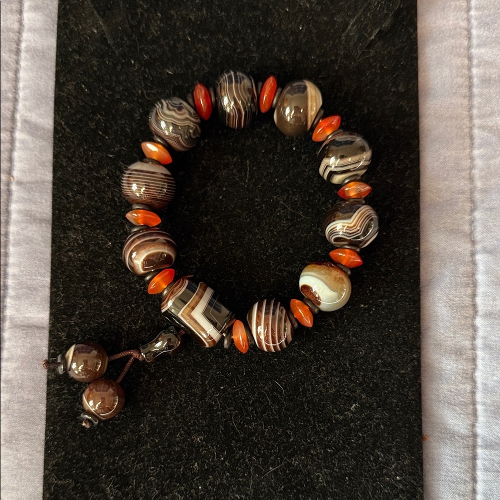 Striped Brown and Orange Glass Beaded Bracelet